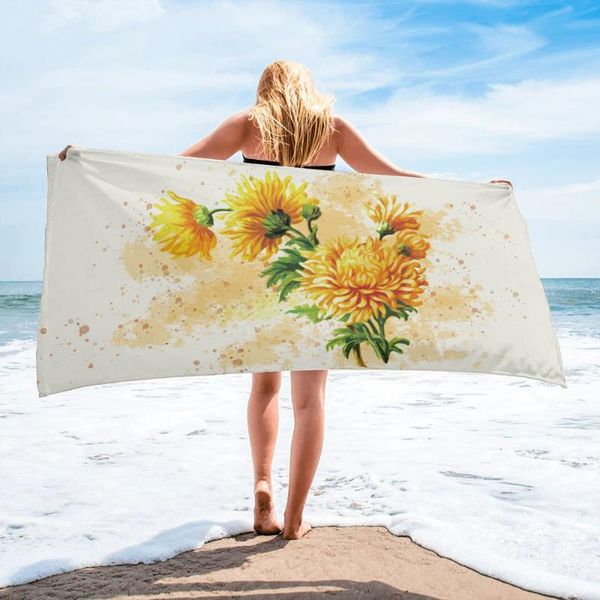 

towel watercolor yellow chrysanthemum bath camping bathroom accessories face microfiber beach