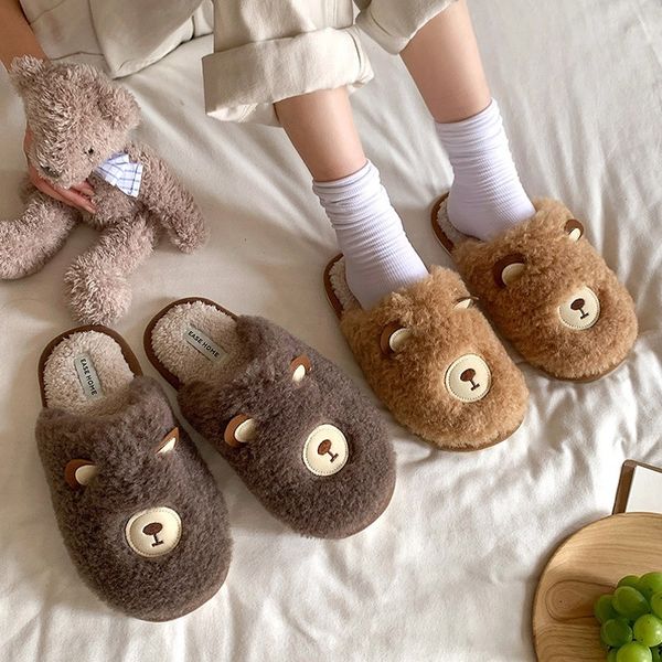 

slippers urso dos desenhos animados 3d casa mulheres homens chinelos quentes inverno pelÃºcia interior quarto sapatos algodÃ£o antirrapante fk, Black