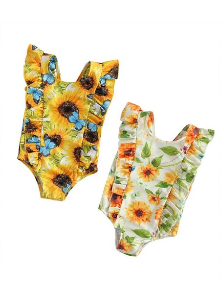 

clothing sets kids one-piece swimsuits sunflower print round neck sleeveless ruffle swimwear for girls, yellow/apricot, White