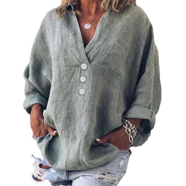 

women's blouses & shirts 2021 vintage women and bloues summer solid color v neck long sleeve buttons lapel for party green xxxl str, White
