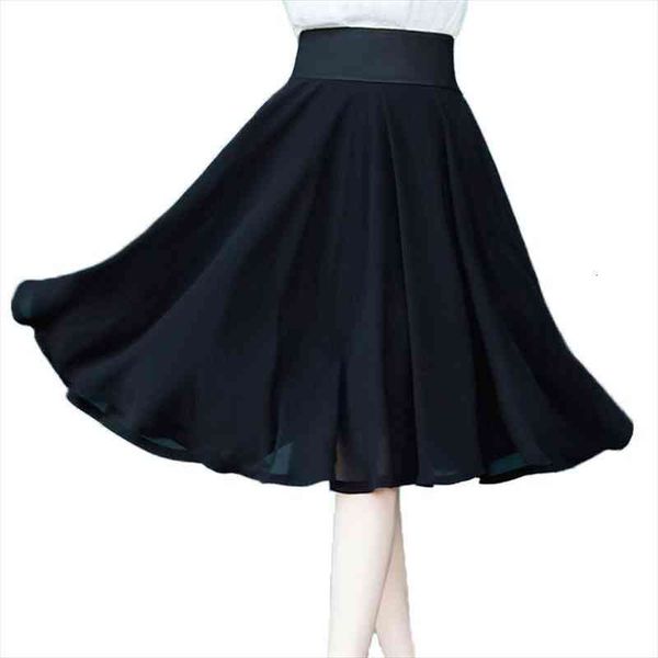

summer casual solid color women skirts high waist pleated big swing middle beach female chiffon bottoms, Black