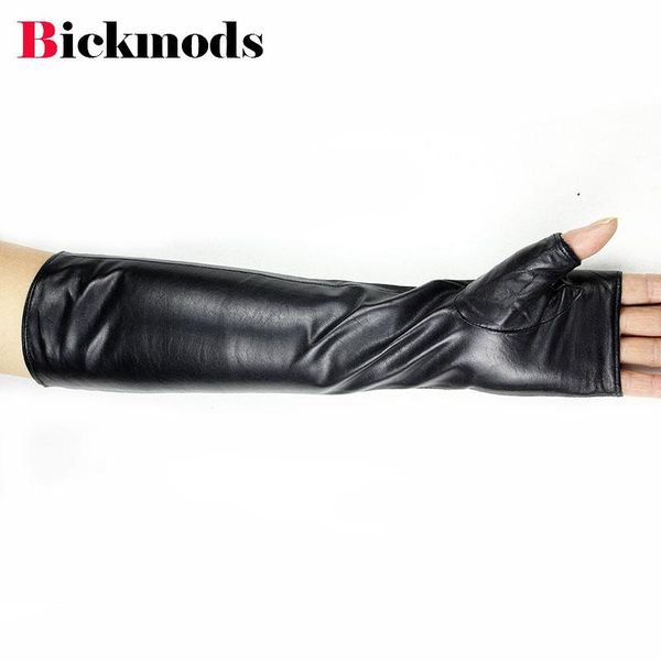 

five fingers gloves 38cm long sheepskin women' half finger thin rayon style ladies driving leather arm sleeve, Blue;gray