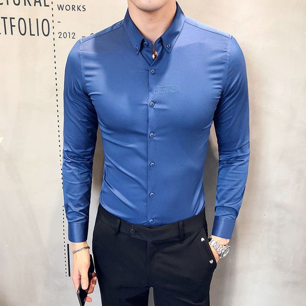 

2021 new autumn british style social long sleeve solid color embroidery camisas para shirt korean men clothes ao3r, White;black
