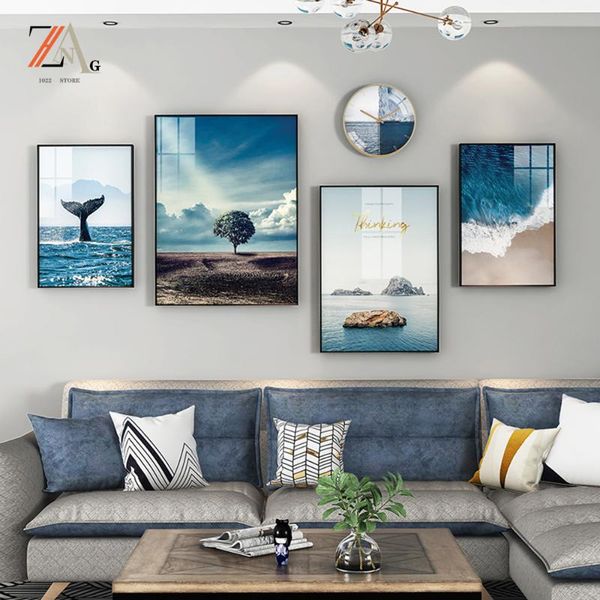 

paintings modern minimalist art style blue ocean landscape dolphin tail beach poster canvas print living room decoration wall