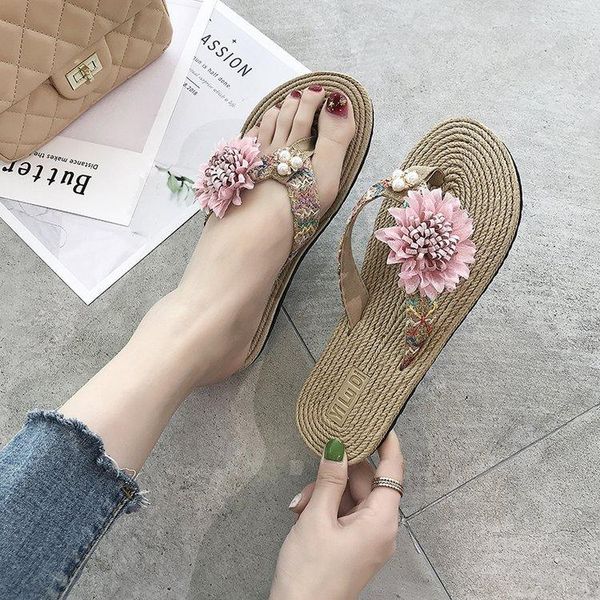 

slippers female beach holiday versatile flip-flops flowers summer non-slip, Black