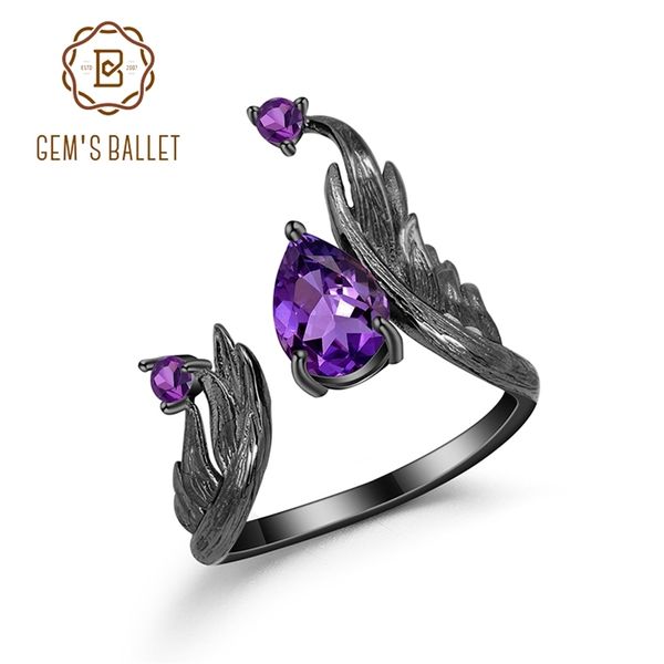 

gem's ballet 1.43ct natural amethyst gemstone rings 925 sterling silver handmade adjustable angel's wing ring for women bijoux 210, Slivery;golden