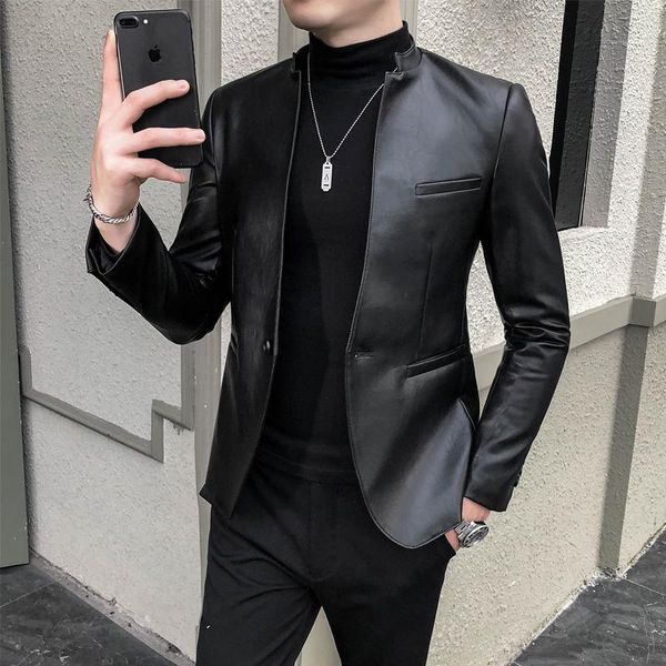 

men's suits & blazers faux leather men blazer casual slim fit masculino pu suit jacket single button wedding business dress coat ropa h, White;black