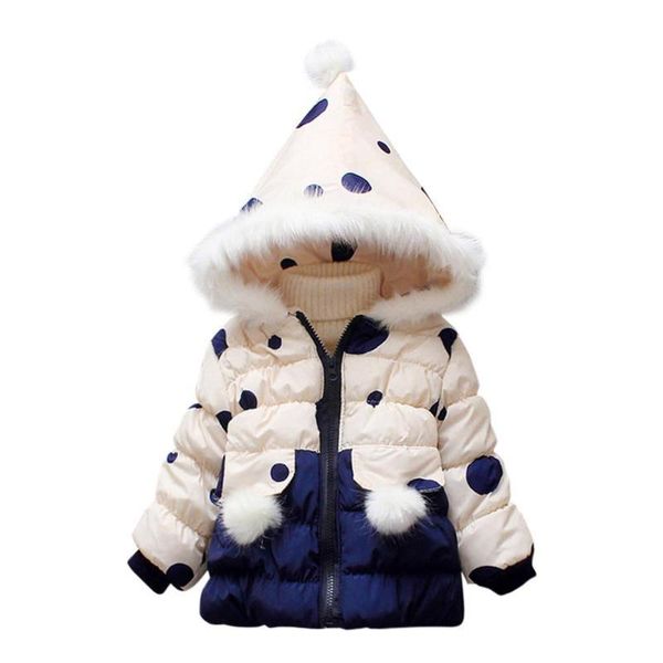 

down coat winter fashion girls korean hooded dot printing long sleeve sports cartoon thicken fleece warm children clothing, Blue;gray