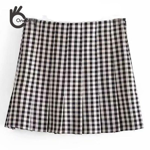 

skirts onebling checked pleated skirt summer casual black white plaid print side zipper high waist a-line women mini