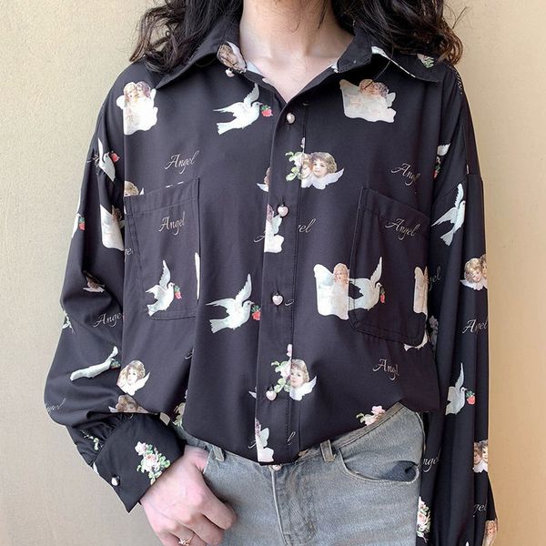 

women's blouses & shirts female patterned vintage angel deep shirt, elegant harajuku-style for women, loose with a flashlight and in wh, White