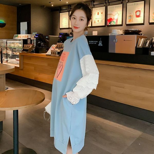 

2021 spring pregnant women fashion loose dress side split hollow out lace ruffle sleeve patchwork fashion maternity cotton dress, White