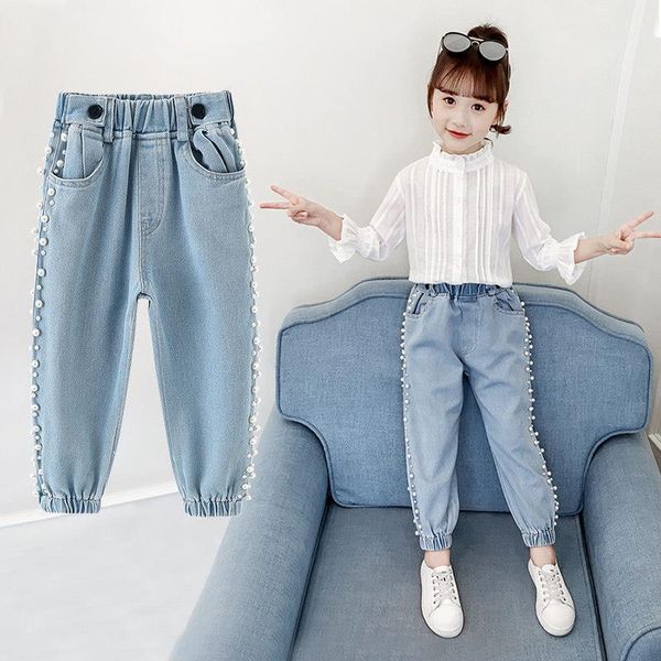 

jeans 2021 spring autumn kids for girls lovely children demin pants casual trouses teen 4 6 8 10 12 14y, Blue