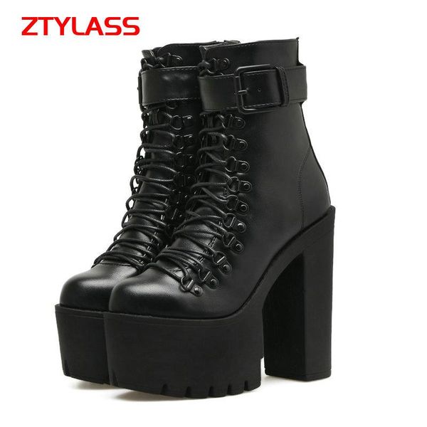 

boots fashion super high heel platform ankle spring autumn women pu leather gothic shoes lace up zipper winter black