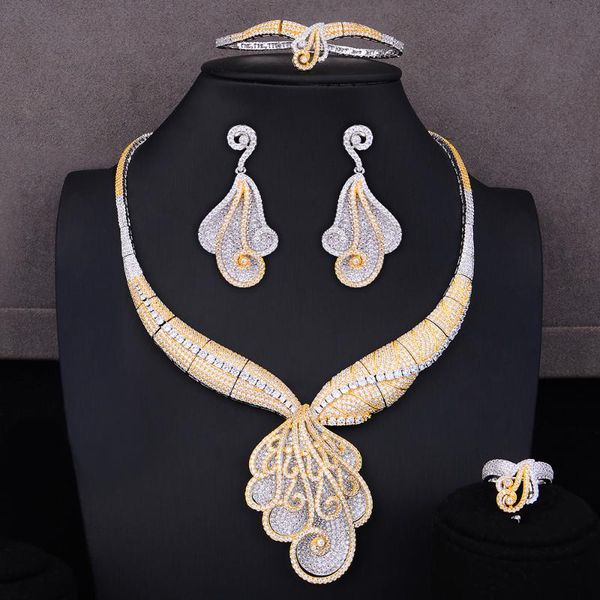 

earrings & necklace godki gorgeous luxury 4pcs bangle ring dangle jewelry set for women bridal wedding sets, Silver
