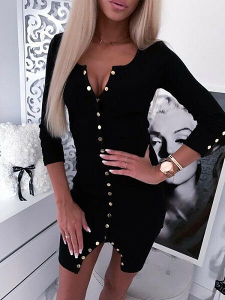 

casual dresses 2021 women autumn knitted bodycon dress v-neck button long sleeve knitwear elegant knee-length, Black;gray