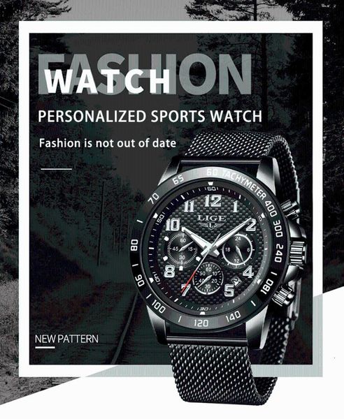 

wristwatches lige 10033 2021 men's multifunctional sport watch stainless steel chronograph waterproof quartz clock male, Slivery;brown