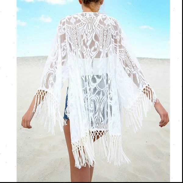 

boho white open front tassel lace mesh sheer kimono cardigan women summer 3 4 sleeve solid vacation beach kimonos