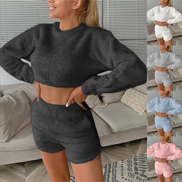 

women's tracksuits women two piece trousers of pure color long sleeve winter plush sweater knitting set autumn hooded *8, Gray