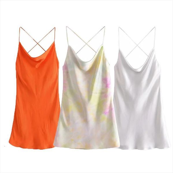 

summer slip za tie dye women dress satin short strappy backless strap mini party, Black;gray