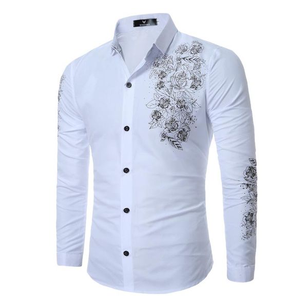 

men's casual shirts 2021 spring long sleeve fashion rose pattern print shirt mens business social banquet slim fit, White;black
