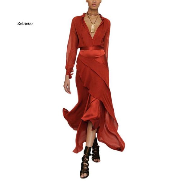 

casual dresses spring summer women dress pure color asymmetrical long sleeve chiffon boho maxi v neck streetwear vestido, Black;gray