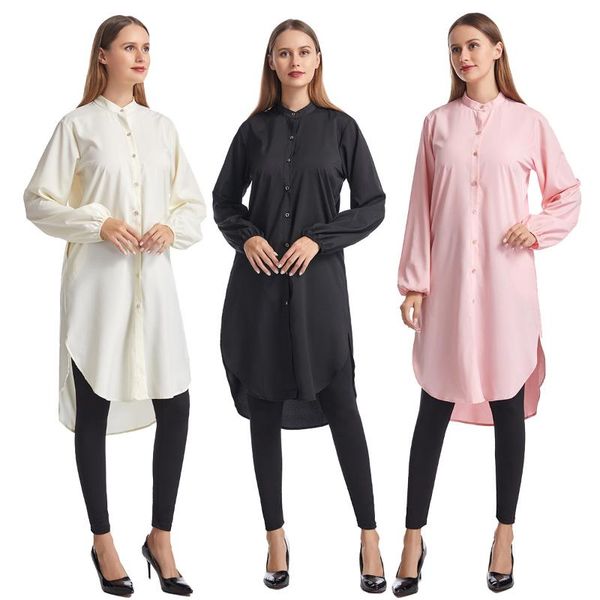 

women's blouses & shirts fashion clothingÂ ladies mid-length loose stand-up collar shirtÂ solid colorÂ lengthen knee-lengthÂ women, White