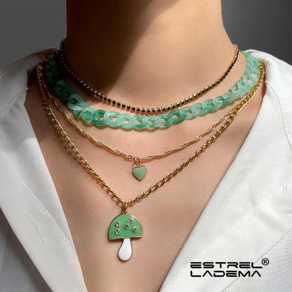 

chains vintage green mushroom chunky acrylic bead necklace for women heart pendant crystal choker layered chain necklaces jewelry, Silver