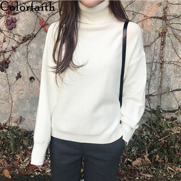 

colorfaith new autumn winter women's sweaters turtleneck loose warm minimalist korean style knitting ladies sw8307 210218, White;black
