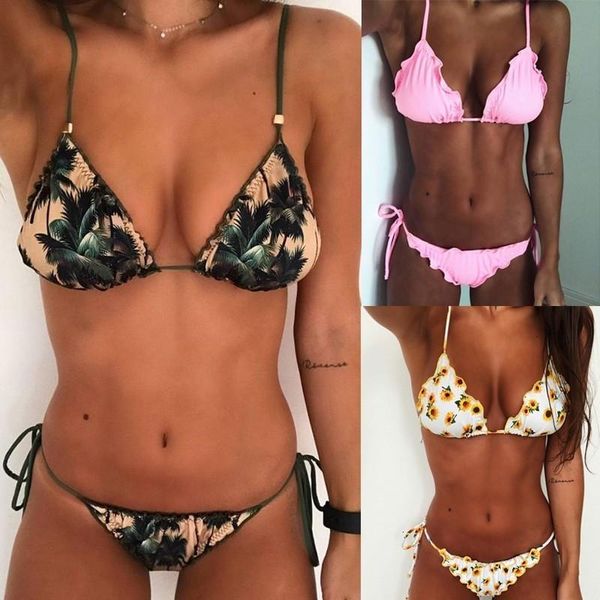 

solid lace-up swimwear women floral print bathing suit bikini set bandage beachwear female summer low waist swimsuit