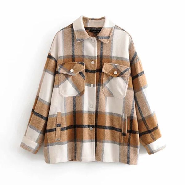 

fashionable new turn-down collar plaid jacket women checkered pockets full sleeve oversize coat female outwear warm causal 201012, Black;brown