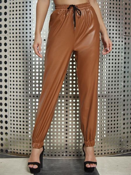 

fashion pu leather pants women's solid color drawstring high waist casual fitting trousers for streetwear party club wear, Black;white