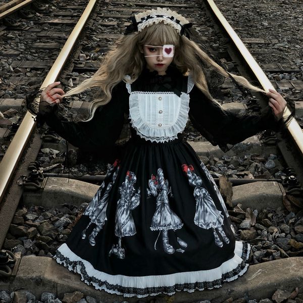 

halloween lolita dress retro japanese victorian gothic suspender dress black blouse suit cos ghost loli renaissance lolita 1654, Black;red