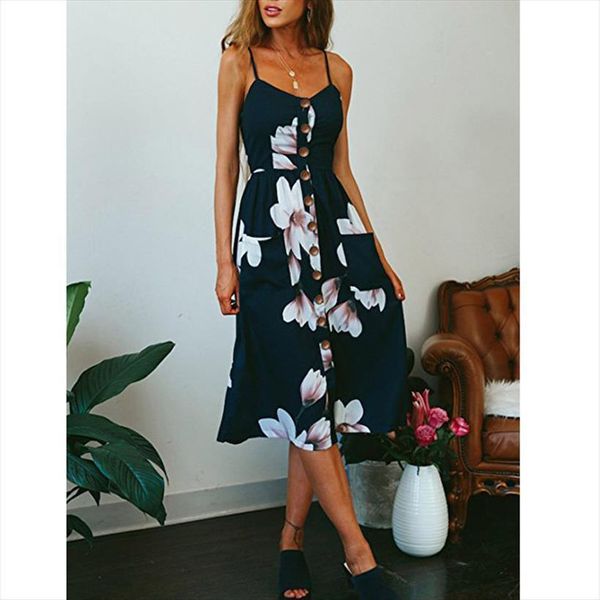 

party pocket summer elegant floral womens dress print fashion sleeveless v neck midi dresses beach vestidos button, Black;gray
