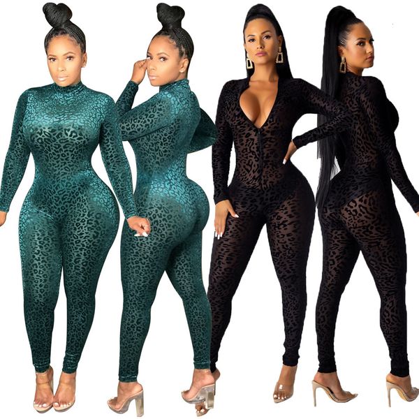 

2021 new women jumpsuit zipper up mesh leopard ny bodysuit nightclub glam maker wholesale dropshpping oo17, Black