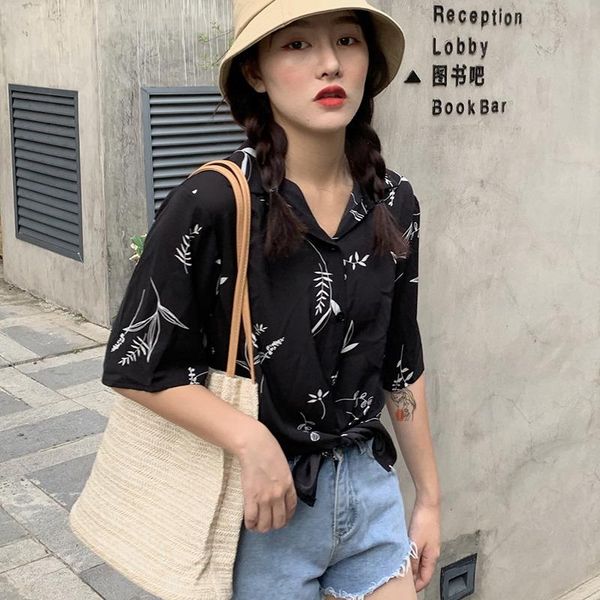 

women chiffon blouse ladies shirt leaves printed short sleeve chemisier femme 2021 women turn down collar loose casual, White