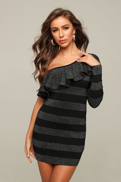 

2021 new single sleeve ruffles striped black women winter designer evening party vestido eg71, Black;gray