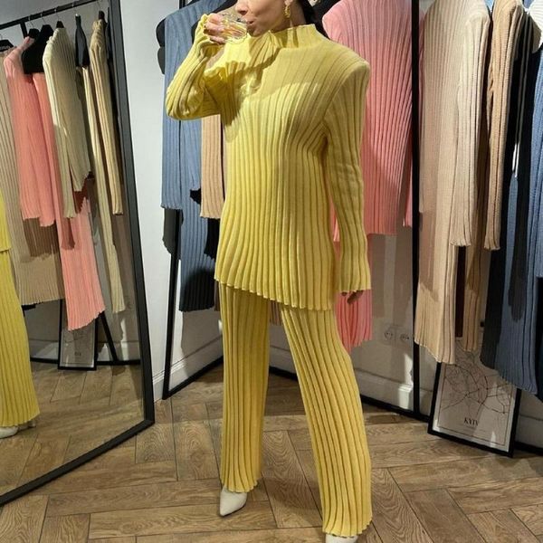 

women's two piece pants green khaki pink yellow loungewear knitted suit 2021 sweater+full pant warm ribbed for women set matching outfi, White