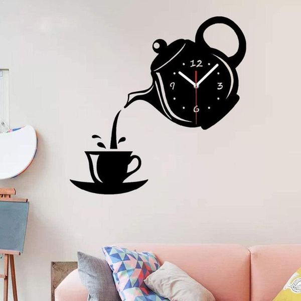 

acrylic diy creative clock living room mute mirror wall decorative teapot wall sticker 3d clock f5f4