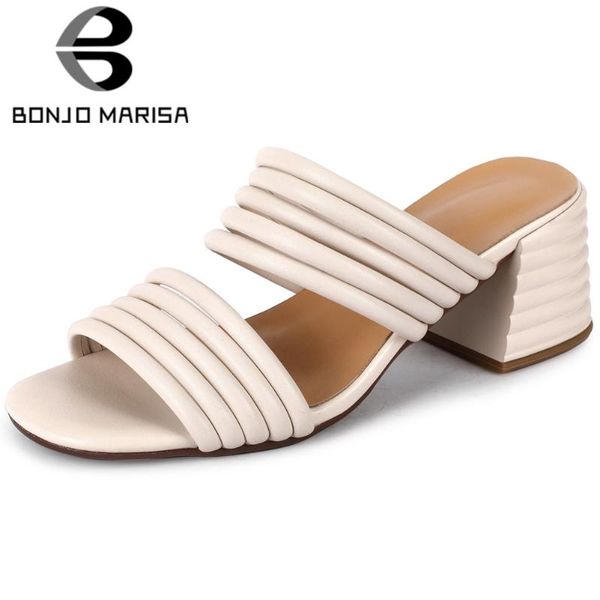 

slippers bonjomarisa genuine leather girl summer square toe solid handmade slip on women candy color shoes woman, Black