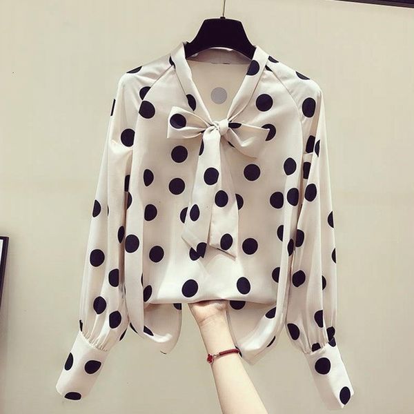 

2021 spring autumn blouses fashion elegant bow collar office long sleeve blouse casual dot print chiffon women shirts wuqb, White