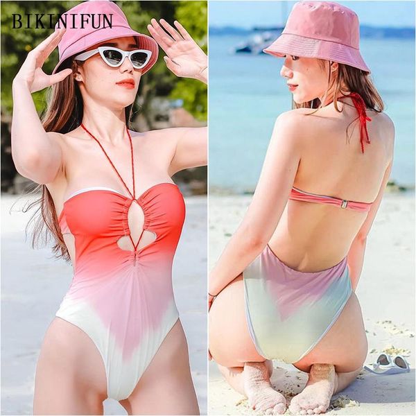

2021 new gradient red monokini women smocked one piece suit front cutout swimsuit s-l girl backless beachwear string swimwear