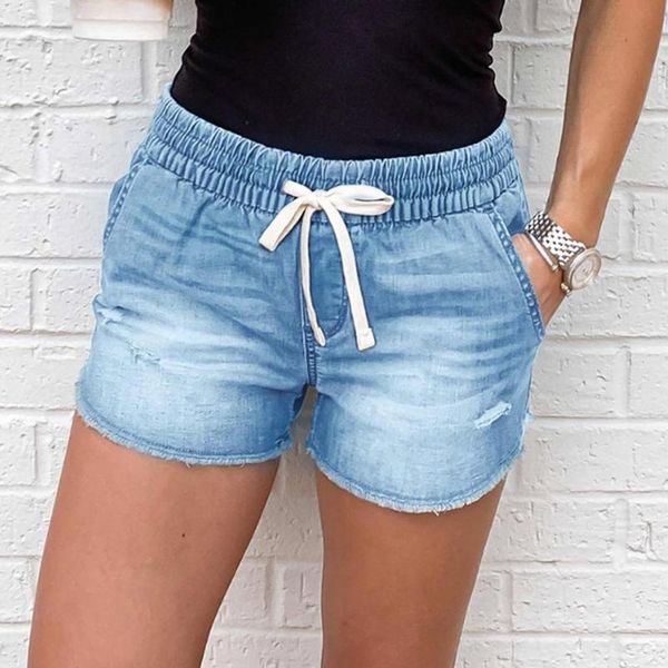 

women's shorts blue elastic waist denim women washed hole straight drawstring jeans office lady casual short summer 2021, White;black