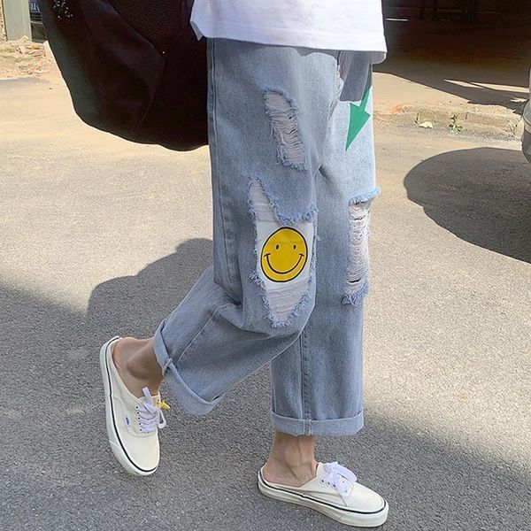 

women's jeans fashion woman high waist ripped street clothes loose denim clothing blue streetwear vintage pants girl