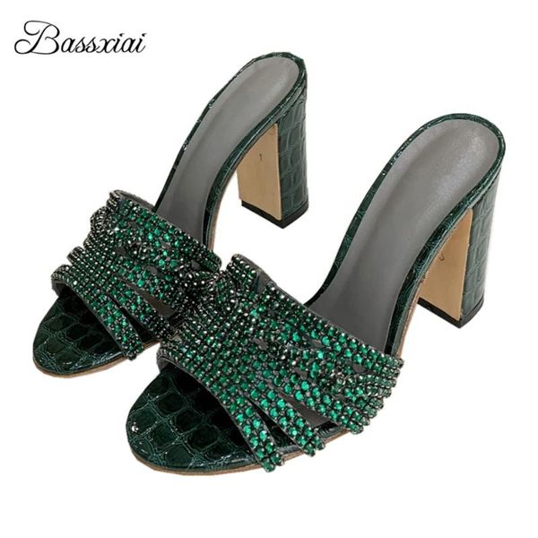

crystal rhinestone runway mules for ladies chunky heel open toe genuine leather slingbacks crystal sandals women summer, Black