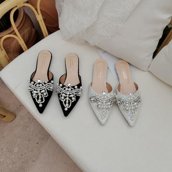 

slippers shoes woman 2021 pointed toe flat pantofle luxury slides jelly flip flops string bead designer soft glitter cover r, Black
