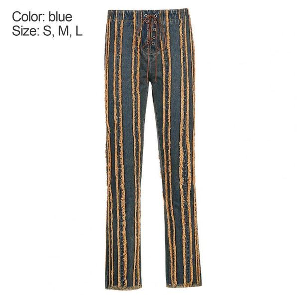 

women's jeans wide leg pants lace up straight women rough selvedge stripes denim trousers for street, Blue