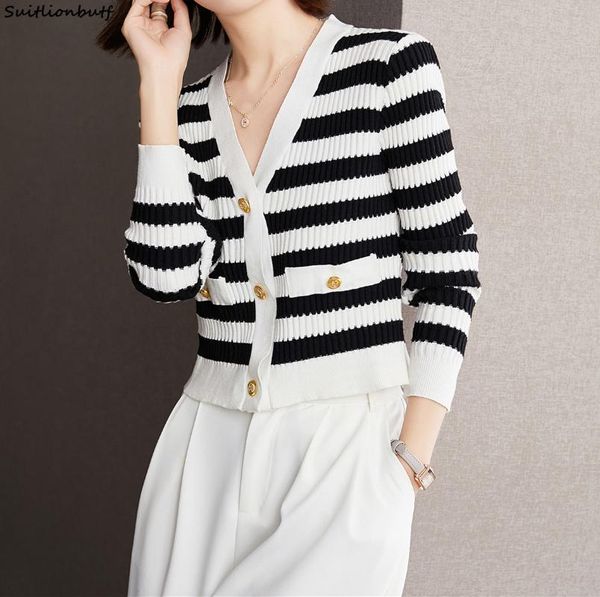 

women's knits & tees suitlionbutf autumn elegant ladies knitted striped women cardigan v-neck long sleeve short sweater golden buttons, White