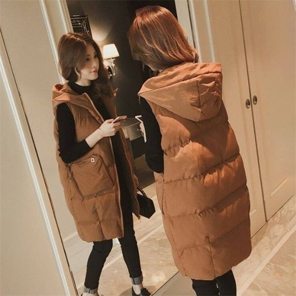 

autumn / winter women vest waistcoat long down cotton loose oversize bread sleeveless hooded jacket with pocket, Black;white