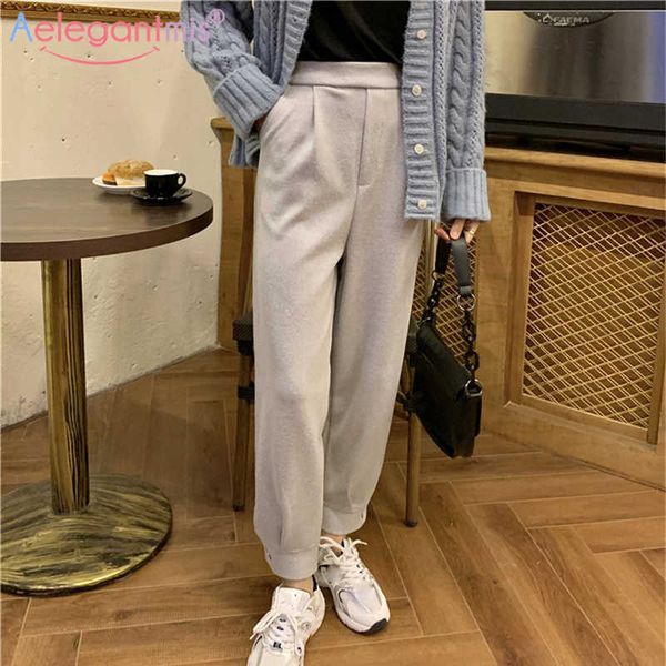 Aelegantmis Kore Moda Düğme Elastik Yüksek Bel Yün Harem Pantolon Rahat Basit Kadın Vintage Yün Pantolon Gevşek 210607
