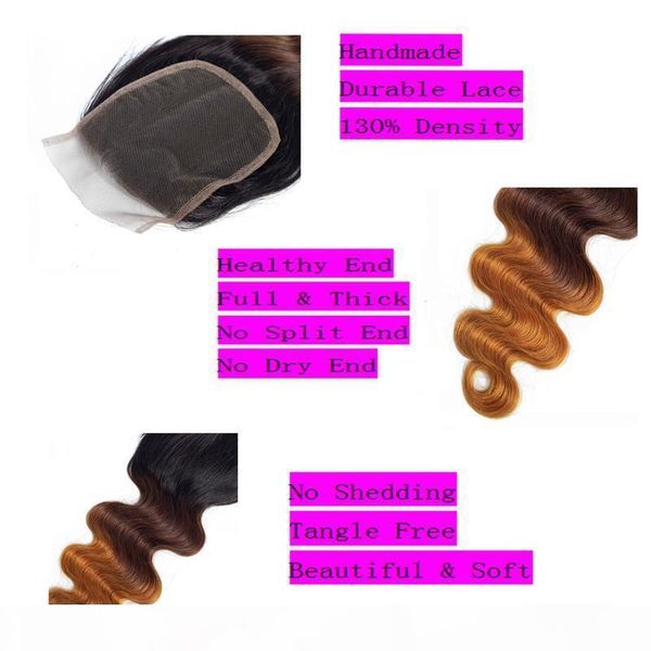 

body wave hair closure ombre three tone part peruvian brazilian indian 100% unprocessed human hair 8-20inch, Black;brown